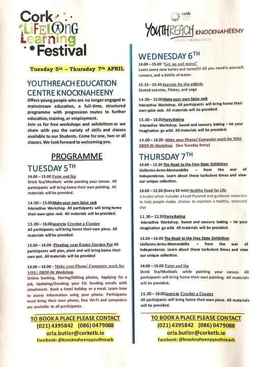 Youthreach Knocknaheeny opens to the public for Cork Lifelong Learning Festival - Call and visit us, take one of the many classes on offer, view our exhibition.