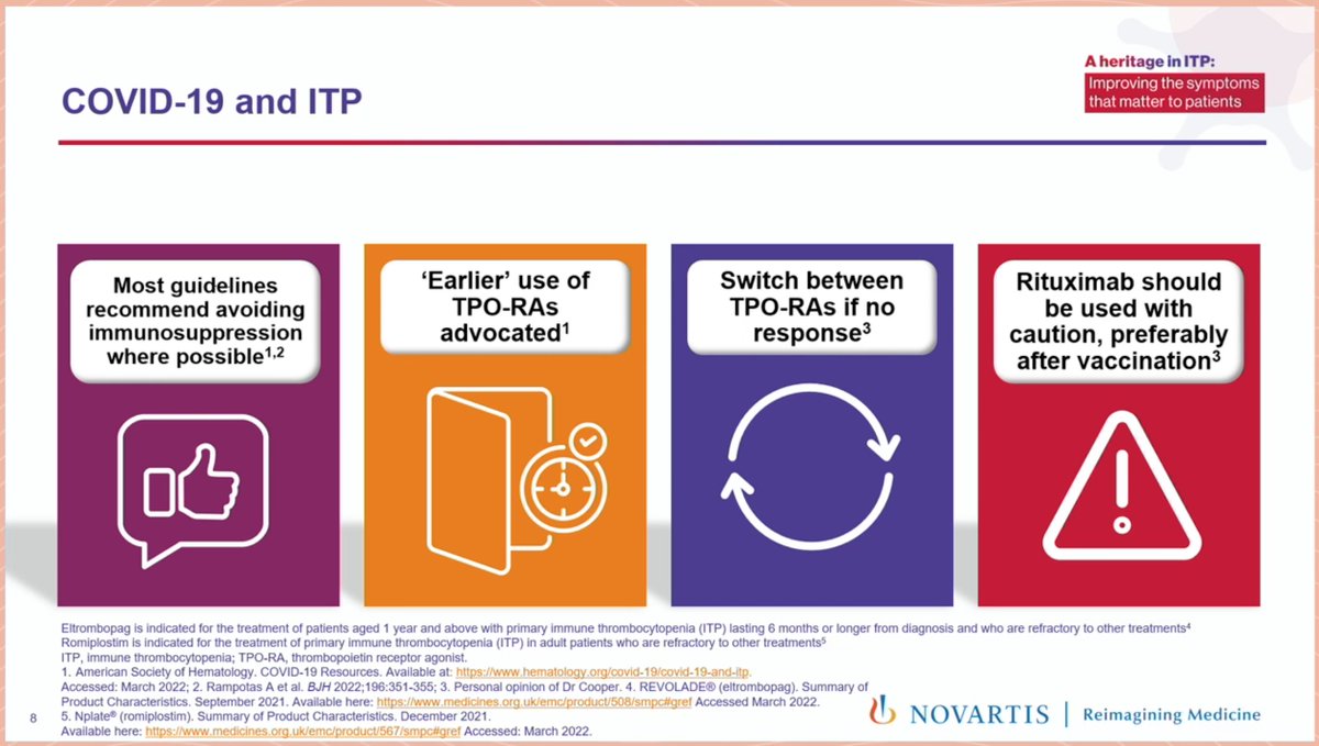 Nicky Cooper discussed briefly the management of ITP during the COVID pandemic. There is general agreement to avoid immunosuppression and use TPO-RAs early. Also important to give the vaccinations before Rituximab. #BSH2022 #ITP #COVID19