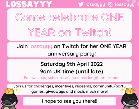 lossayyy's tweet photo. GUESS WHO'S BEEN ON THE STREAMING GRIND FOR A YEAR!!! I can't wait to celebrate with you all on Twitch THIS coming Saturday @ 9am UK TIME!!
#twitch #twitchstreamer #stream #subathon #twitchaffiliate https://t.co/Aglt5hUKbP