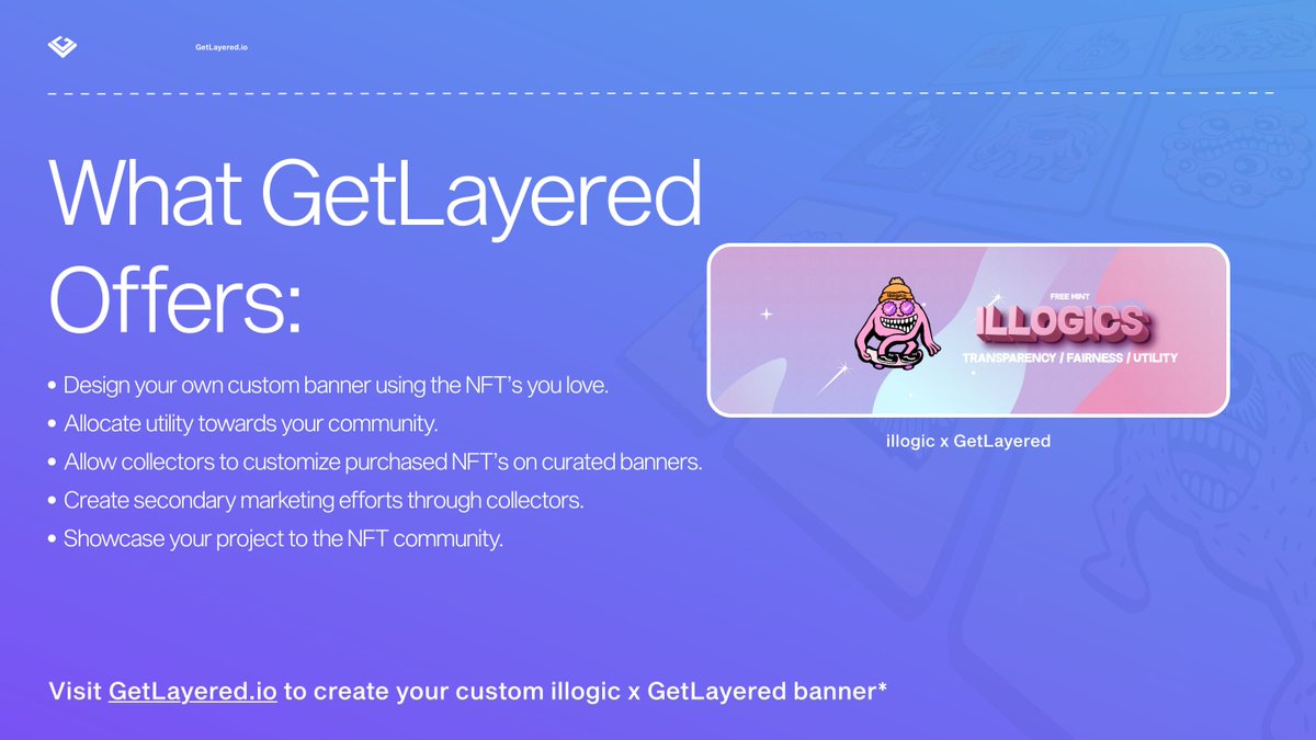 👾 <a href="/illogics/">illogics</a> ill-reserve spot GIVEAWAY! 

To enter: 
1⃣ Follow <a href="/GetLayeredNFT/">GetLayered</a> &amp; <a href="/illogics/">illogics</a> 
2⃣ Like+RT 
3⃣ Tag 3 Friends 👇
4⃣ Reply with your wallet address

Profiles must include an illogic x GetLayered banner to be selected 🪩🎉

Create here: GetLayered.io 🛠️