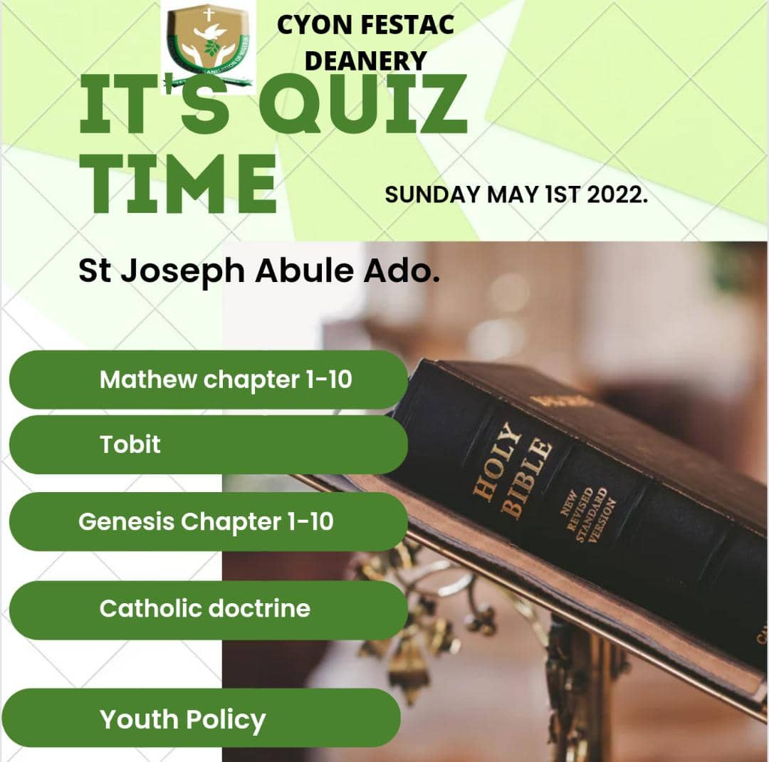 festacdeanery's tweet photo. CYON FESTAC DEANERY INTER PARISH BIBLE QUIZ👇🏾👇🏾👇🏾

The FESTAC DEANERY CYON Inter parish Bible Quiz comes up on Sunday 1st of May 2022 at St Joseph Catholic Church Abule Ado. Forthwith after mass. https://t.co/8kUL9ctMYv