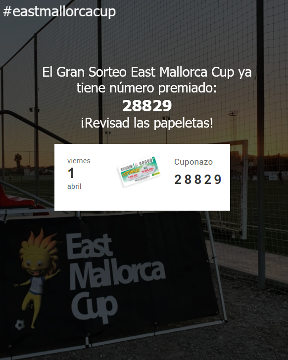 El gran sorteo #eastmallorcacup ya tiene número premiado:
28829

Revisad las papeletas, amigos. 

1️⃣0️⃣days to go!⚡⚡

Toda la información actualizada en nuestra página web:
eastmallorcacup.com

#Mallorca  #fútbolbase #fútbolformatiu #youthfootball