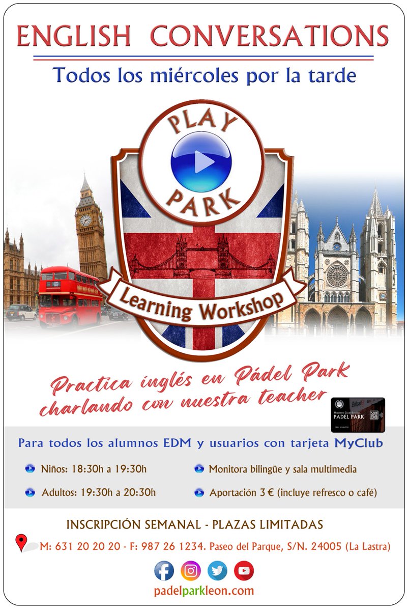 PadelParkLeon's tweet photo. Dentro de nuestras actividades de aprendizaje Play Park, os presentamos English Conversations". Práctica Inglés en @padelparkleon todos los miercoles
Niños: de 18:30 a 19:30
Adultos: de 19:30 a 20:30
Más #info en los teléfonos 631 20 20 20 o 987 26 1234. Necesario reservar plaza https://t.co/HfG9Lorsi4