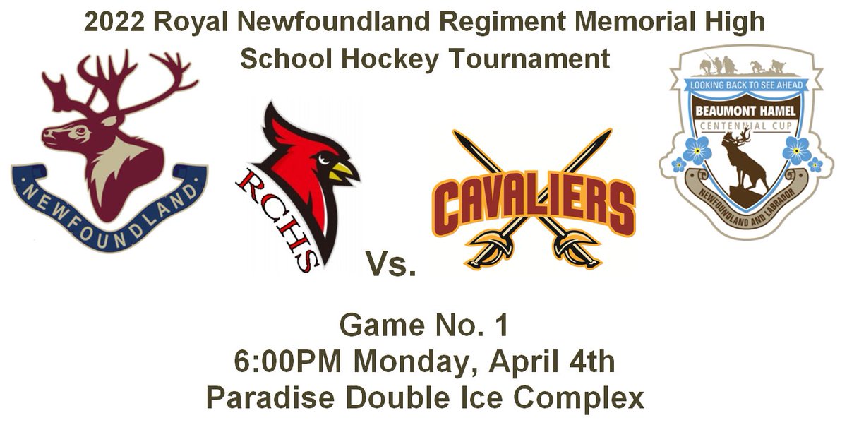 Game 1 of the 2022 Royal Newfoundland Regiment Memorial High School Hockey Tournament will see <a href="/RchsCardinals/">RCHS</a>  take on @lavalhighschool 6PM at the <a href="/townofparadise/">Town of Paradise</a> Double Ice Complex.
Come out and support your School
High School Hockey at its Best.