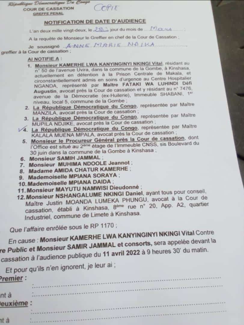 IsralMutombo11's tweet photo. #Justice-dernier virrage affaire maisons préfabriquées: La cour de cassation notifie vital kamerhe, Samir jammal, Muhima Ndoole Jeannot, Soraya Mpiana, daida Mpiana, Dieudonné mayutu et Daniel nshangalume pour l'audience publique du 11 avril 2022 à 9h30. https://t.co/4YxB1ZeTo3