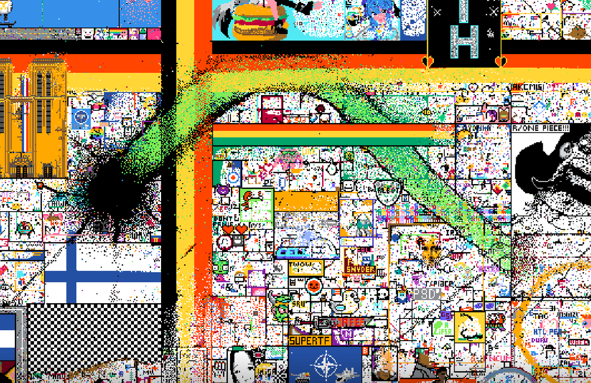 some early-stage dramas taking shape; a green snake slowly moving through r/place, eating everything in its wake; a browser bar at the bottom with pornhub on it, and finally a rebuilding American flag - it's been destroyed and rebuilt so many times by this point 