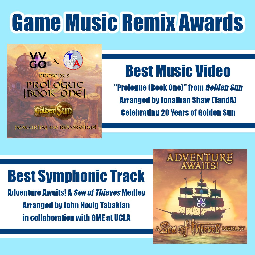 VirtualVGO's tweet image. WE WON??!
6th Annual Game Music Remix Awards at @VGMCon
Best Music Video: Prologue (Book One) from #GoldenSun
Best Symphonic Track: Adventure Awaits! A #SeaOfThieves Medley feat. GME at UCLA

THANK YOU to our musicians, crew, and supporters!

#vgm #gameaudio #orchestra #virtual