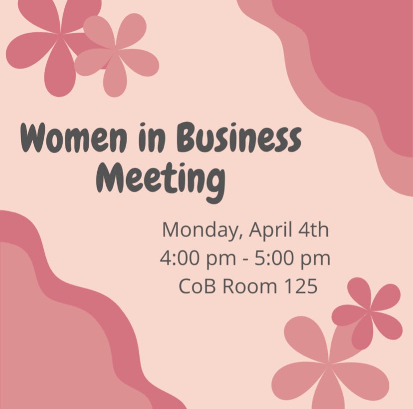 Join us tomorrow Monday April 4th for a WIB meeting! From 4-5pm in CoB room 125. We can’t wait to see you there!💗🌸