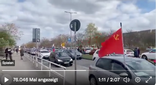 sumlenny's tweet photo. So what do we see at today pro-Russian rally in Berlin? The flags of: a) Russian Airborne troops (raped women in #BuchaMassacre); b) USSR (killed millions of Ukrainians); c) Russian Empire black-gold-white flag (a popular flag of Russian neo-Nazis, compare with a pic from Moscow) https://t.co/x5lYoxMM15