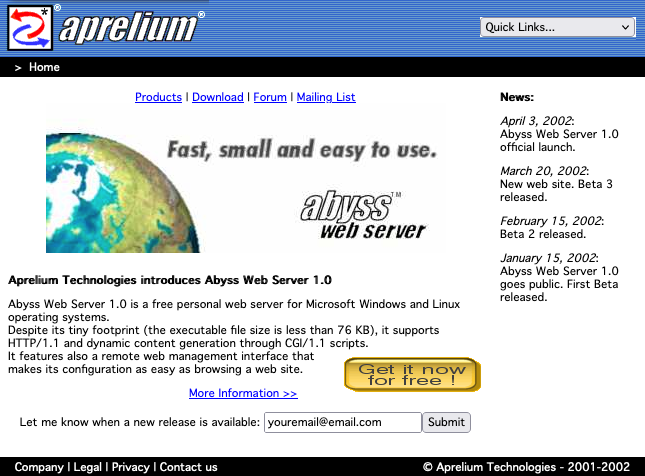 abyssws's tweet photo. Abyss Web Server 1.0 was officially released 20 years ago.

Thanks to the Internet Archive's Wayback Machine which has captured Aprelium's Web site around that date, we can share with you today a snapshot of that founding moment: https://t.co/RDb2Aw3UqO https://t.co/auBj7MpnET