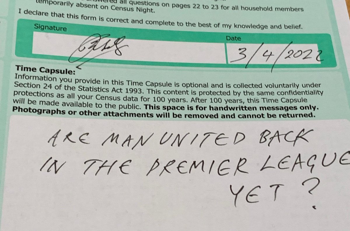 Lovely of the Irish Census to provide space for a message to be put in a Time Capsule and opened in 100 years.  
#MCFC #mufc
