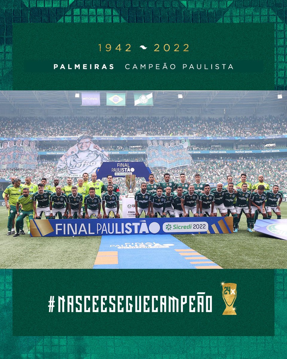 SE Palmeiras on X: ACABOU, O PAULISTA É NOSSO! 🏆 APÓS A AMÉRICA E O  BRASIL, PINTAMOS O ESTADO DE VERDE PELA 24ª VEZ! Se em 1942 nascemos  campeões, em 2022 seguimos! #