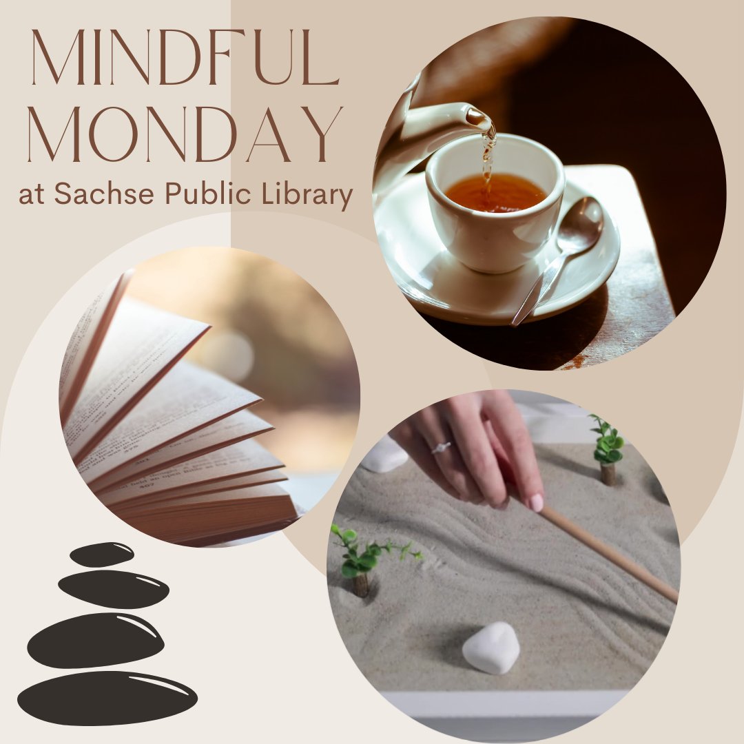 SachseLibrary's tweet photo. We're kicking off Library Appreciation Week with Mindful Monday! Come by tomorrow (Monday, April 4) from 10 am to 6 pm to enjoy a relaxing atmosphere with puzzles, a mini Zen garden & light refreshments! #sachsetx #libraryappreciationweek #librariesrock #mindfulness #selfcare https://t.co/NItiWd6z3g