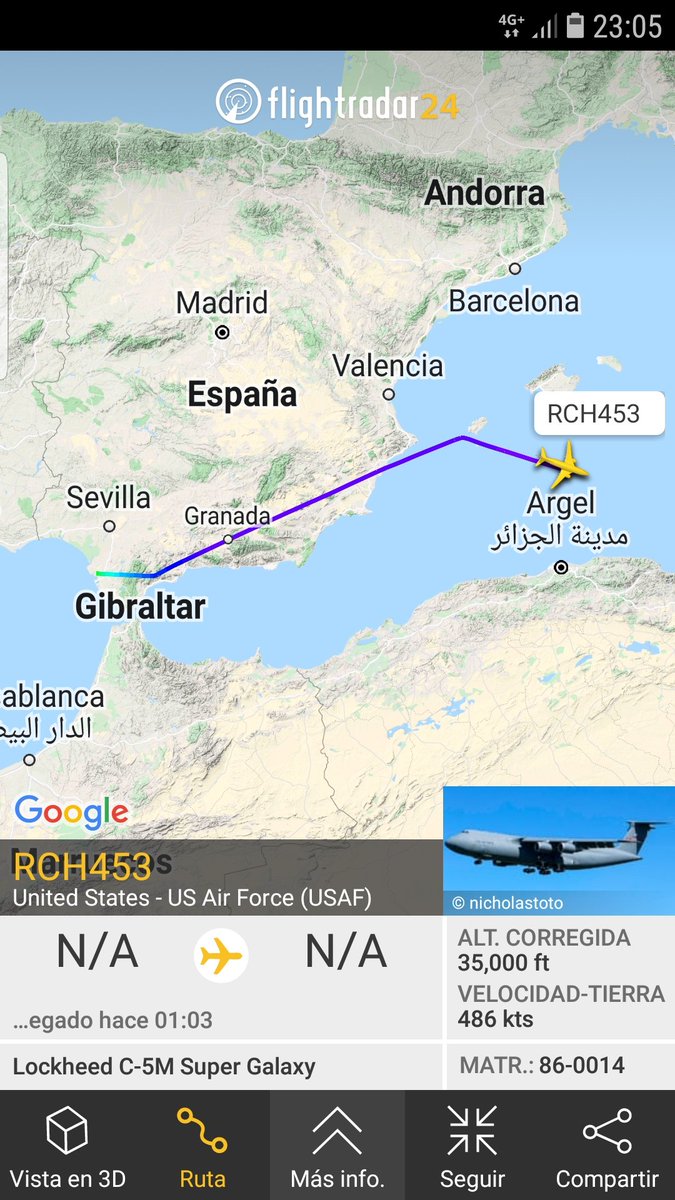 MilRadar's tweet photo. 🇺🇸 #USAF C-5M Super Galaxy 86-0014 del #337thAS despega desde #Rota y con rumbo E sobrevuela el #Mediterráneo al sur de las #Baleares https://t.co/jGNJJNV50w