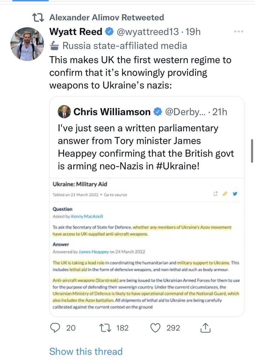 Russia’s disinformation operations would not succeed without the help of accounts like these, which unsurprisingly are the same accounts that helped Russia spread disinformation about war crimes in Syria. (These are all RT’s/QT’s from Russian govt accounts).