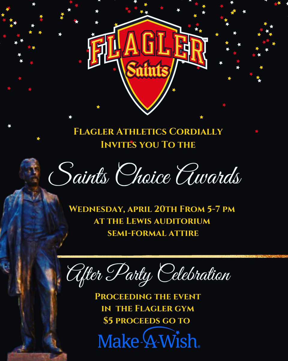 FlaglerSports's tweet photo. We are excited to announce our first annual #SaintsChoiceAwards‼️

🔟 awards will be voted on by ONLY our student-athletes, while a handful will be given out by administration on April 20th followed by an after party celebration to benefit @MakeAWish⭐️🗳

#GoSaints https://t.co/BUYpRrcEQm
