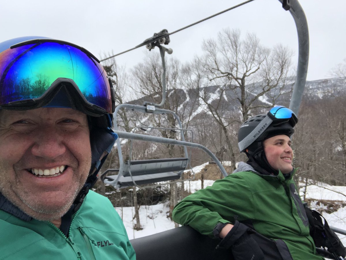 TheTKWeatherXp's tweet photo. So fun meeting up for last Sunny Spruce lift ride of the season ⁦@Jebweather⁩ today. . A few tiny snowflakes and a T-Rex moment https://t.co/s4JDwh2YtS