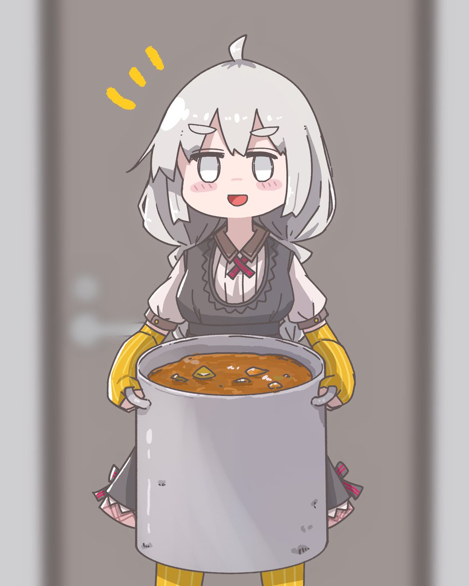 kizuna akari 1girl solo dress food orange gloves grey hair black dress  illustration images