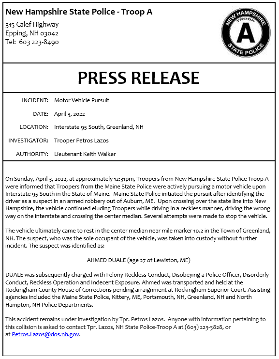 NH_StatePolice's tweet photo. Motor Vehicle Pursuit
#NHSP #TroopA #PressRelease https://t.co/s801Q6IEX7