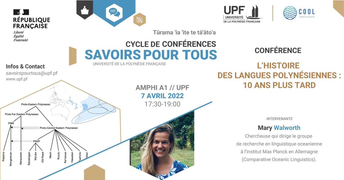 [ #Conférence #savoirspourtous ]

L'HISTOIRE DES #LANGUES #POLYNÉSIENNES - 10 ANS PLUS TARD

⏰ 7 avril à 17h30 Amphi A1

👩‍🎓 Mary Walworth dirige le groupe de recherche en #linguistique océanienne à @MPI_SHH 

👉 En savoir + upf.pf/fr/actualites/…