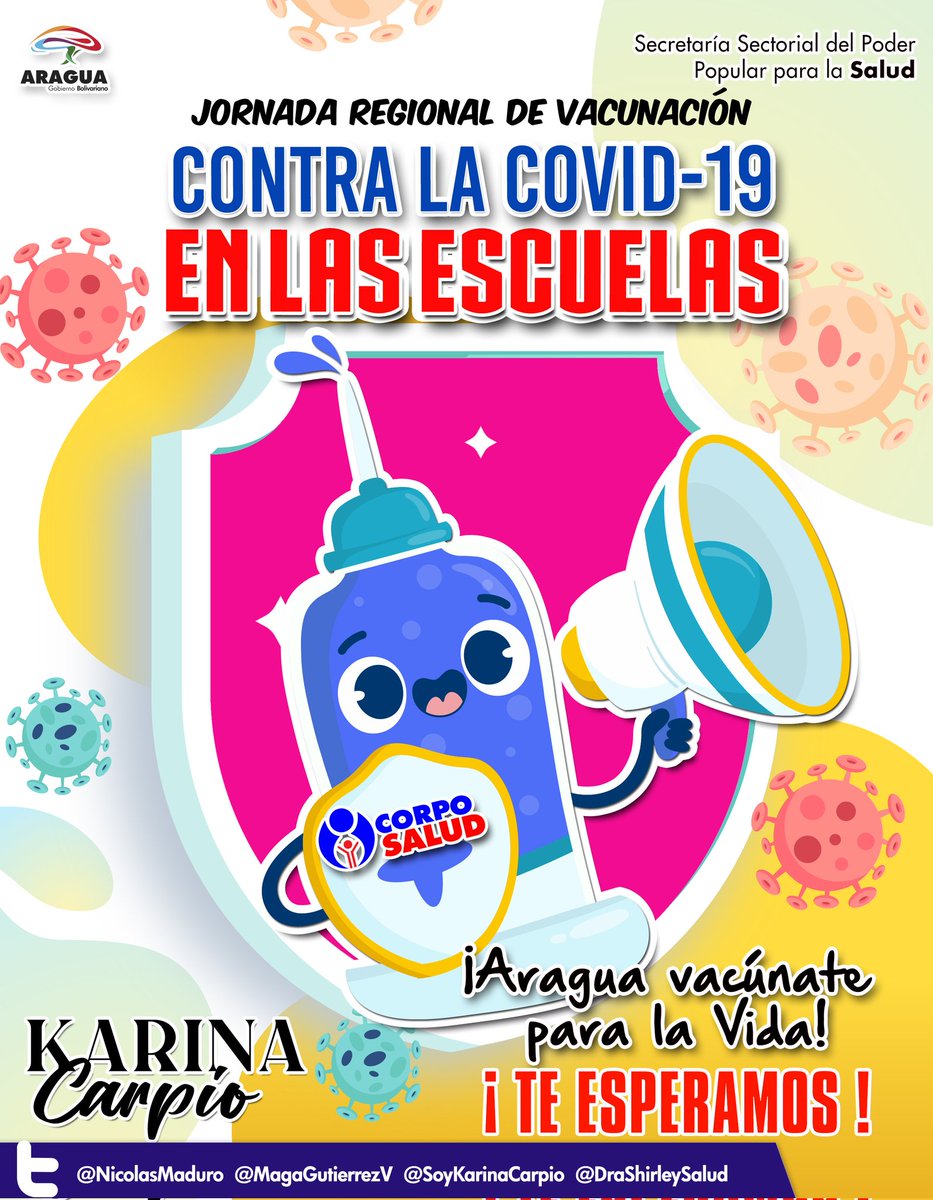¡Te esperamos en las escuelas! #Aragua, Vacúnate para la Vida 💉🇻🇪🙏 #JuntosPorCadaLatido
#TalentoDeCorazónInfantil2022
 <a href="/NicolasMaduro/">Nicolás Maduro</a> <a href="/MagaGutierrezV/">Magaly Gutiérrez Viña</a> <a href="/Soykarinacarpio/">Karina Carpio</a> <a href="/DraShirleySalud/">Dra. Shirley Hernández</a> <a href="/TonyGarciaPSUV/">𝙳𝚁. 𝚃𝙾𝙽𝚈 𝙶𝙰𝚁𝙲𝙸́𝙰</a> @hutreraSalud
