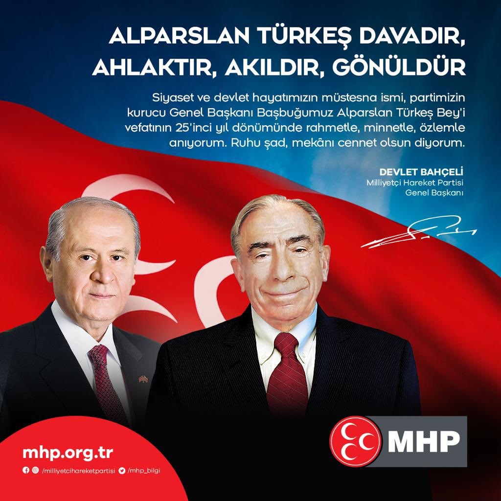 MuratDinc35's tweet photo. ALPARSLAN TÜRKEŞ DAVADIR, AHLAKTIR, AKILDIR, GÖNÜLDÜR 
#DevletBahçeli #AlparslanTürkeş #bozkurtlar @ayyildirim1 @dbdevletbahceli @Ulku_Ocaklari @MHP_Bilgi @BayrakliMhp https://t.co/A1g5fntHSA