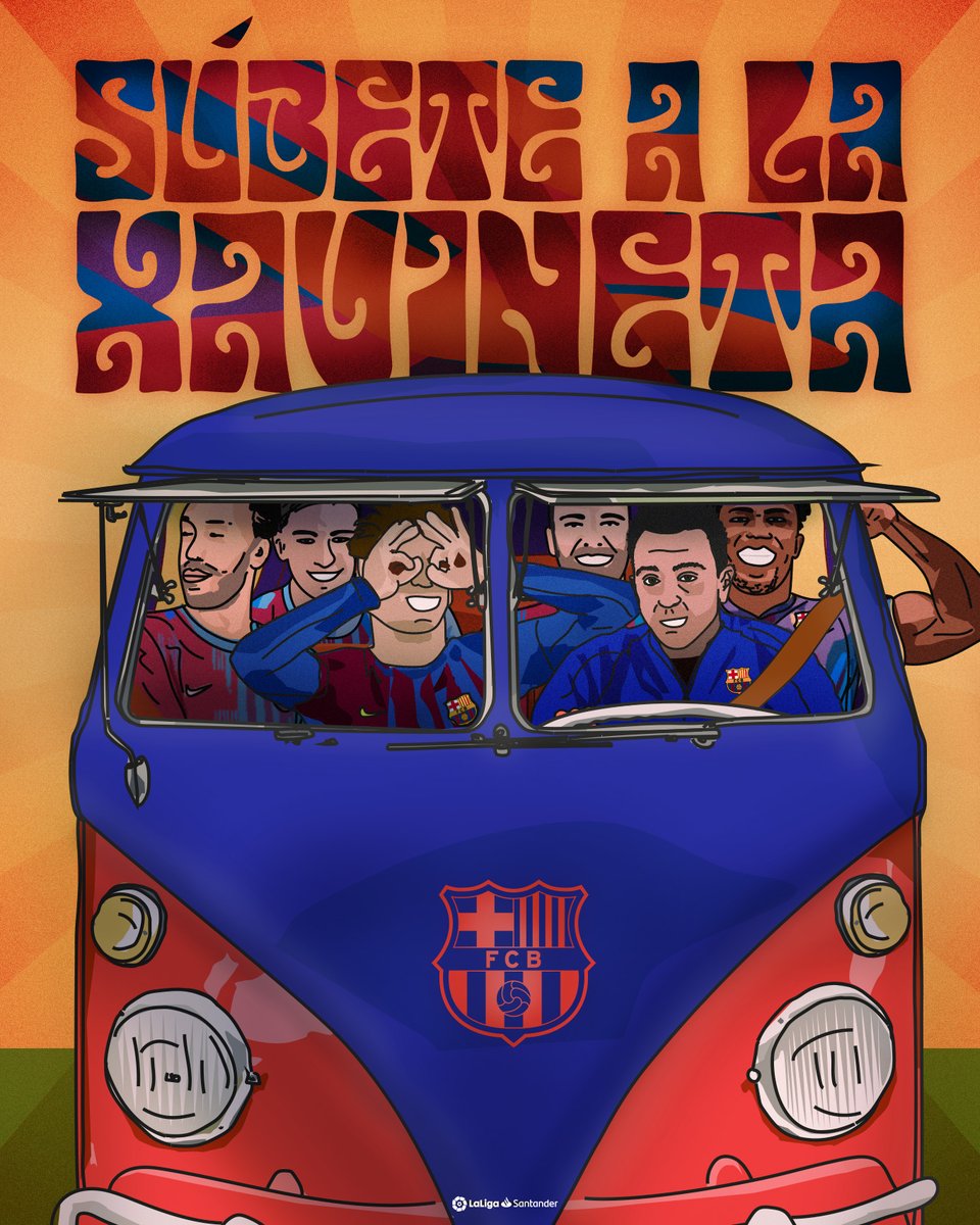 LaLiga's tweet photo. 🚌😊 ¡RT si te subes a la '𝙓𝘼𝙑𝙄𝙉𝙀𝙏𝘼'! 

💙 @FCBarcelona_es ❤

#BarçaSevillaFC 
#LaLigaSantander https://t.co/nTkC6xgWiz