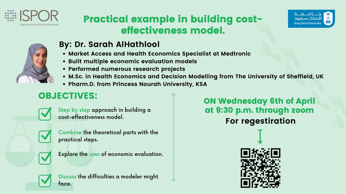 ISPOR_KSU's tweet photo. Lets explore Cost effectiveness model step by step with Dr. @SarahAlHathlool .. 💡

On Wednesday 6th of April 2022 at 9:30 PM through ZOOM .. 🛑

Register now for (Free!!) .. ⬇️
https://t.co/wWP20zURfo https://t.co/0Z2Kmkc4TC