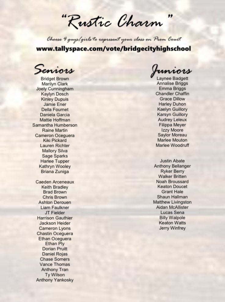 ATTENTION JUNIORS &amp; SENIORS!  Prom Court Ballot is OPEN!  Please vote for 4 guys/gals to represent your class April 30 - get those tickets - they are still $25 bridgecityisd.net ONLINE CART  through tonight but tomorrow they are $35- so LEGGO! 
tallyspace.com/vote/bridgecit…