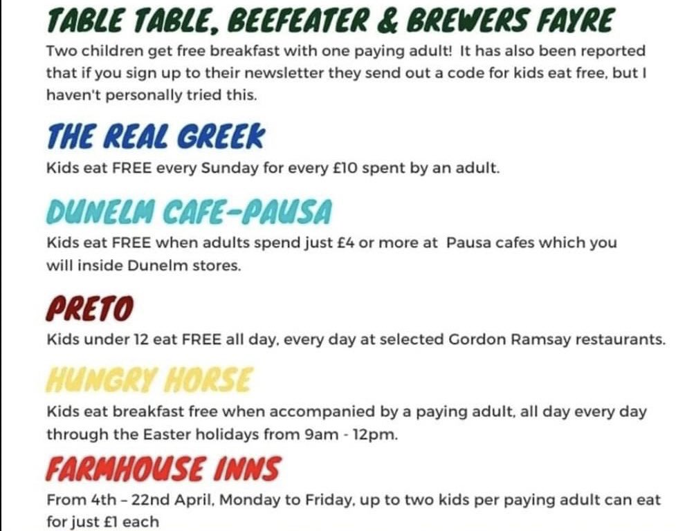 Here are a handful of great places to eat throughout the Easter half term that are offering free/reduced priced meals for children. Please RT 💕