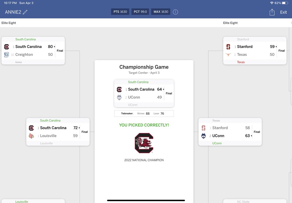 Annie_D22's tweet photo. I KILLED the women's bracket #MarchMadness #UconnVsSC https://t.co/QdhKUp0d2z