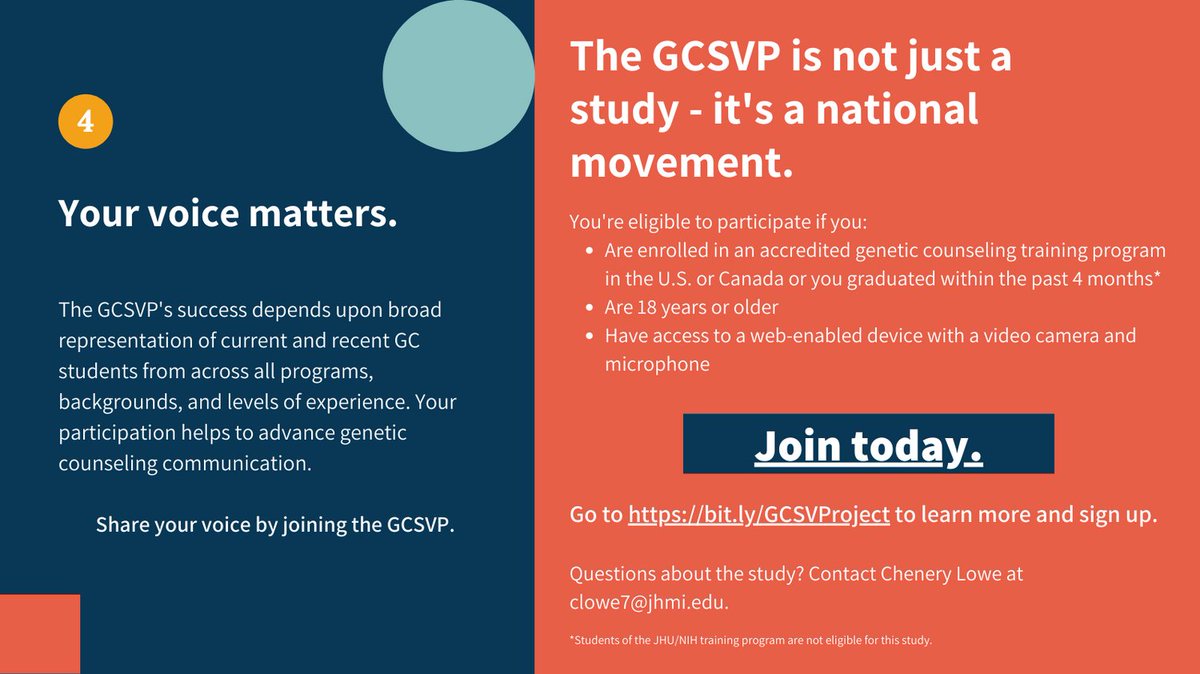 Last chance to sign up! The Genetic Counseling Student Video Project is enrolling genetic counseling students. Visit bit.ly/GCSVProject to sign up for the study and to learn how we are advancing GC student communication training and assessment. Your voice matters! #GeneChat