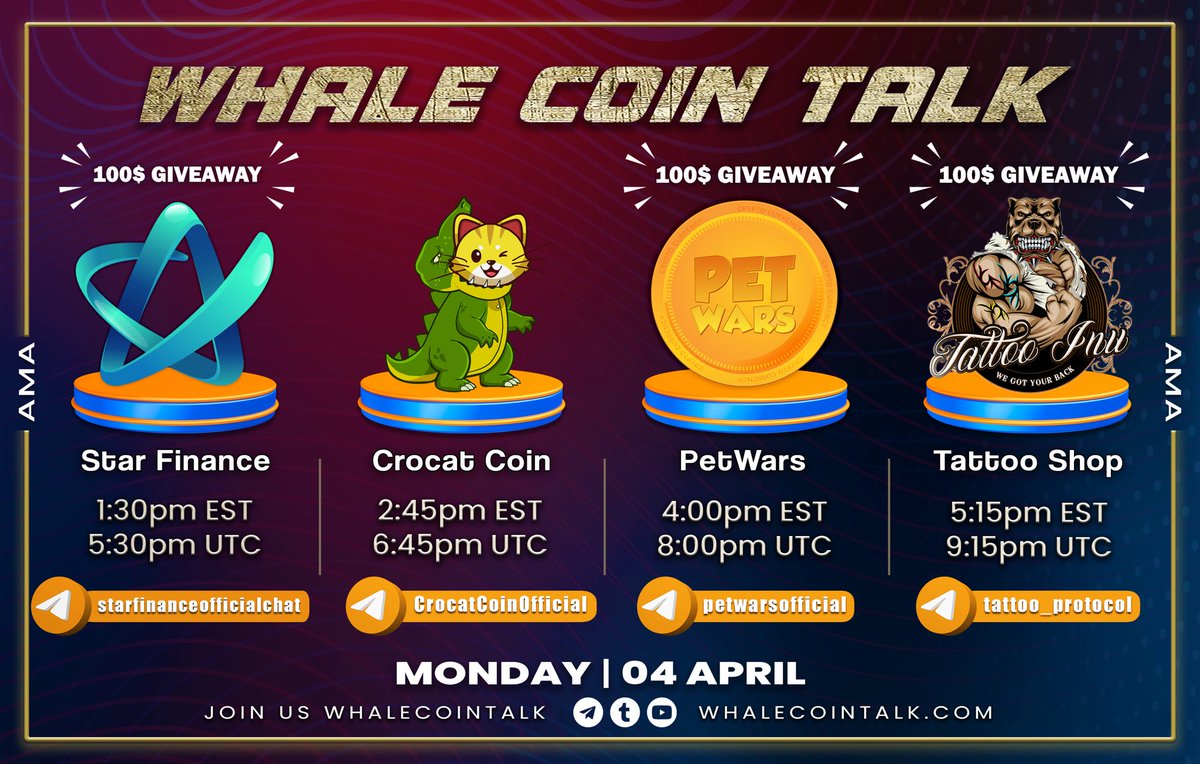WhaleCoinTalk's tweet photo. AMA ANNOUNCEMENT 📢

➡️ Join: https://t.co/fnXbRkidzZ
➡️ Follow: @whalecointalk
🏦 Join our AMA with @starfinancebsc, @Crocat_CRO, @PetWarsOfficial &amp; @tattoo_inu.

🎡 You also stand a chance to grab a share of $300 when we SPIN THE WHEEL🤑 https://t.co/MkxrnvCCfb
