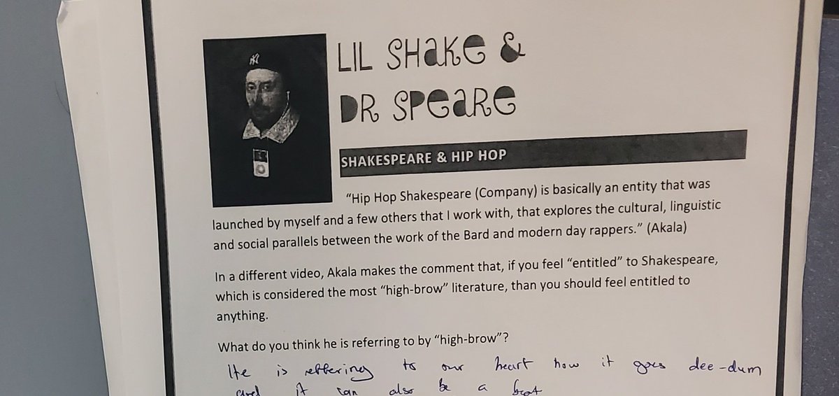 ShaguftaNehmer's tweet photo. Year 8 English had the opportunity to compose a Shakespearean rap song! Working with iambic pentameter and rhyme scheme. Who knew Shakespeare can be so closely linked to hiphop? 😎 https://t.co/3c3bAVMazn