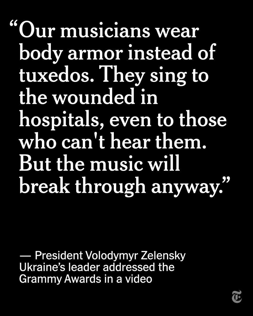 President Volodymyr Zelensky of Ukraine addressed the Grammy Awards in a video, giving an emotional plea for support in his country’s war against Russia. “What is more opposite to music?” Zelensky said. “The silence of ruined cities and killed people.” nyti.ms/3x1ama1