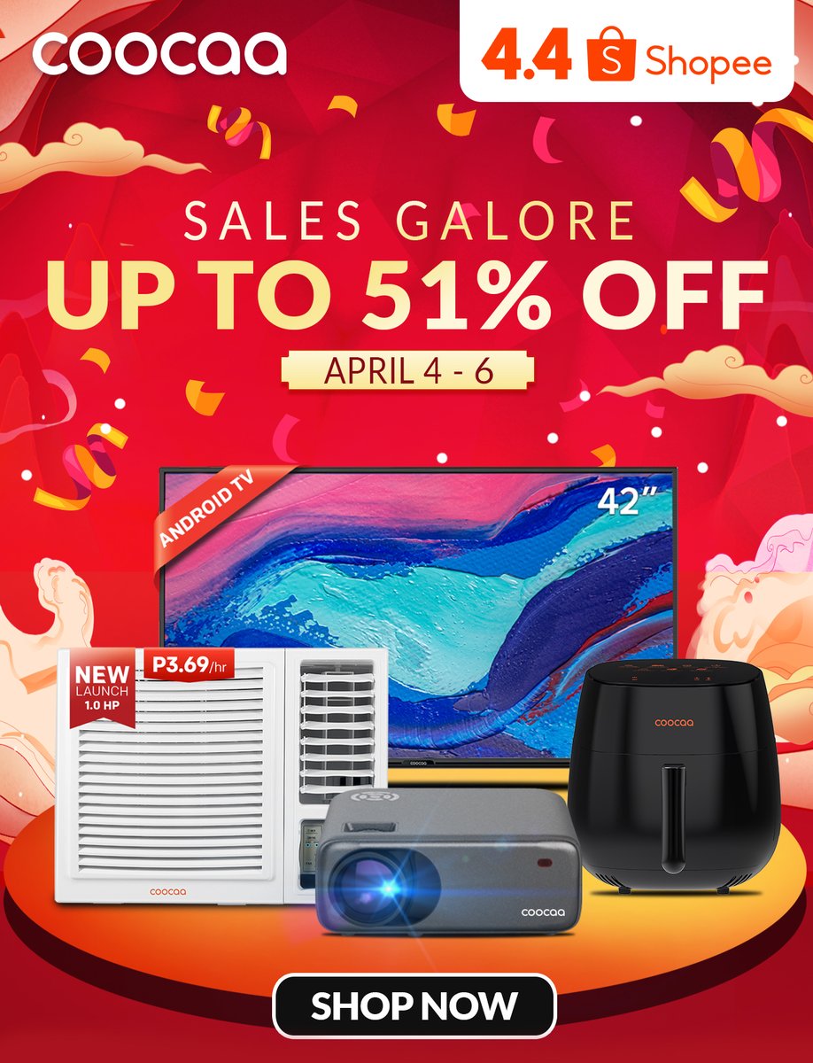 CoocaaPh's tweet photo. Another reason to choose Coocaa 4 life this 4.4 Sales Galore! Enjoy the summer heat with the cool air and best entertainment 🥳

Shop with up to 51% OFF from April 4 to 6:
📍https://t.co/B9qrCUUyWB

#coocaaph #ShopeePH  #shopee44shopeepaysale #saleph #freebies https://t.co/tTQcZ3WcwE