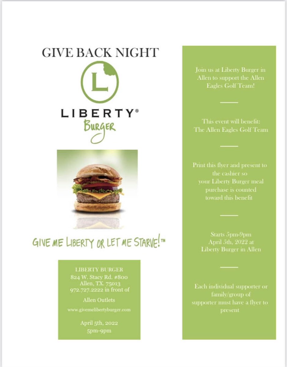Thank you for your continued support through the year. It’s here!  Our last Spirit Night of the year. Mark your calendars and meet us this Tuesday (4/5) from 5p - 9p at Liberty Burger!  Please print/show this flyer to ensure our program receives credit.  See you there!