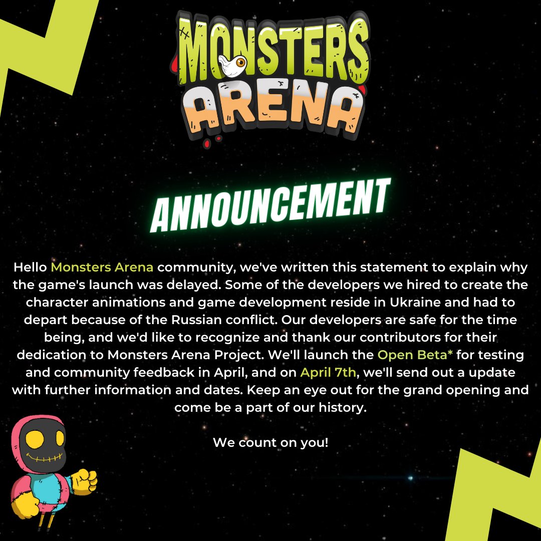 monstersarena's tweet photo. Hello Community, please read carefully this announcement about everything is happening behind the scenes. Thank you all and stay tuned for next updates! https://t.co/S3LNWgZxIi