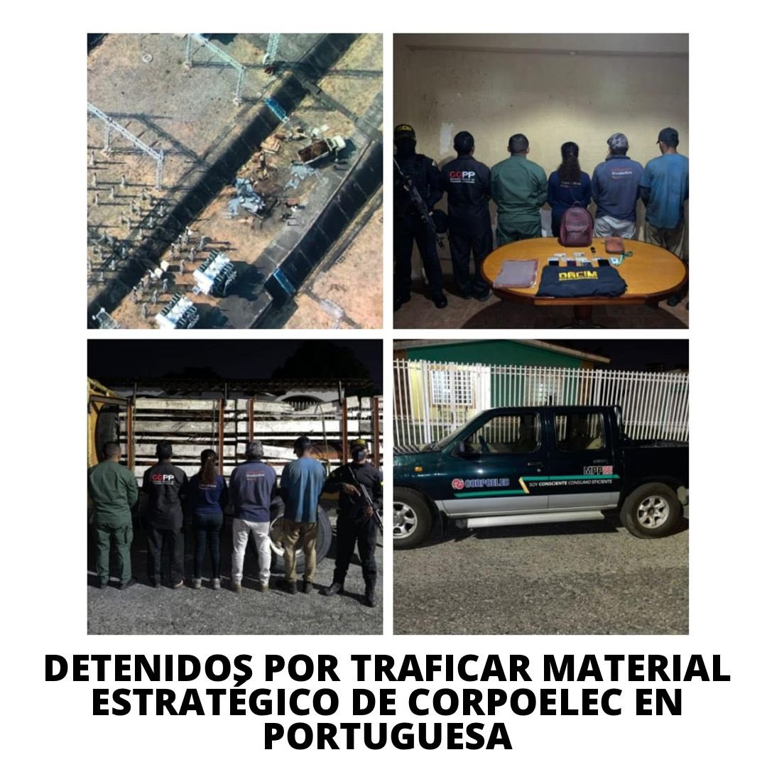 TarekWiliamSaab's tweet photo. 1) #DETENIDOS por #DGCIM para ser #Imputados en Portuguesa 
CARLOS DORANTE,
GENESIS COLMENAREZ, LUIS DAVID ALVAREZ, JOSE G. BECERRA y LUIS ENRIQUE ALVAREZ: por sustraer de una subestación  eléctrica de #CORPOELEC 6 toneladas de #COBRE sin contar con las guías de movilización… https://t.co/TFV3OvkDS8