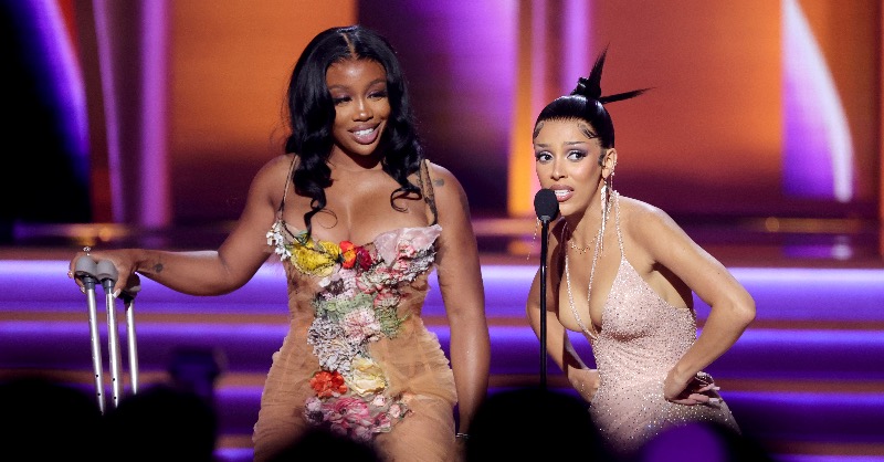 billboard's tweet photo. Congratulations to @DojaCat and @SZA on winning Best Pop Duo/Group Performance for "Kiss Me More" at the 2022 #GRAMMYs!