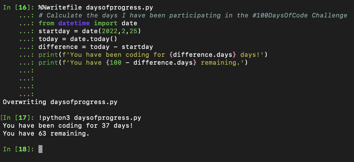 TheAlienPrinx's tweet image. Day 37: Wrote and executed a script in #IPython that calculates my #100DaysOfCode progress and informs me of how many days I have left 👨🏾💻🐍
