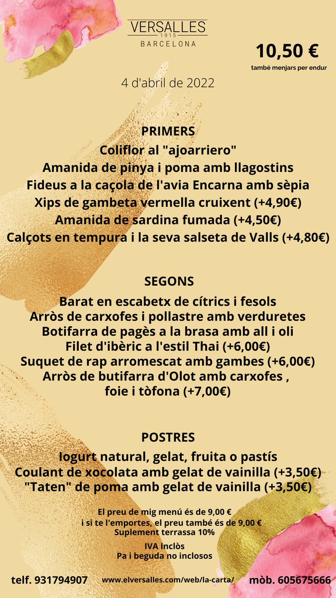 VersallesStAndr's tweet photo. Aquest és el nostre menú d'avui. Enamorats de la nostra feina.
#barversalles #foodversalles #food #foodporn
#menjarbeabarcelona #restaurant #qualityfood
#elversalles #gaudiuelversalles #menudeldia https://t.co/lnqoOUwfe9