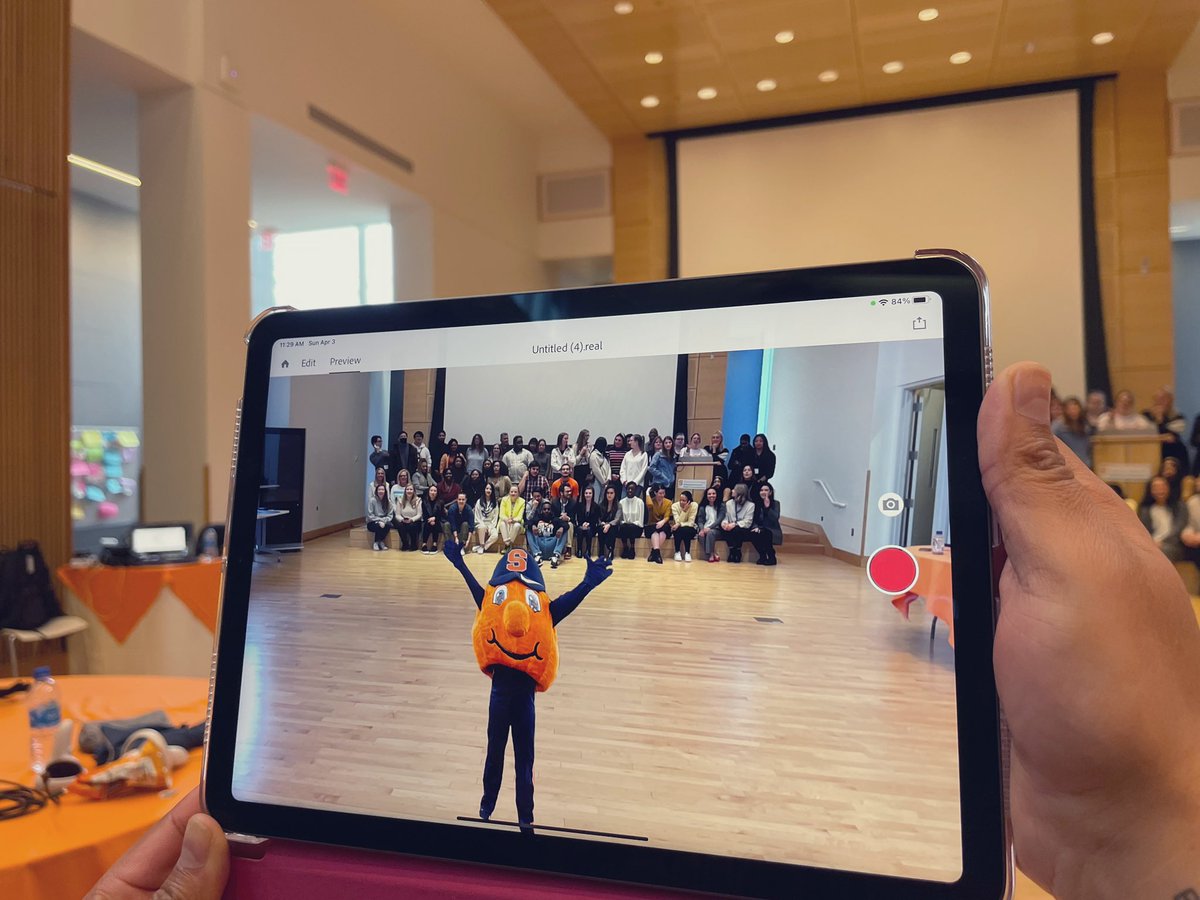 anushamookherje's tweet photo. Immersion group photo but add Otto through AR… this got designed by my group project so students could take photos with Otto around campus! Adobe Aero is 🔥 #NHMetaverse @NewhouseSU #SyracuseU https://t.co/ijKohwrzQY