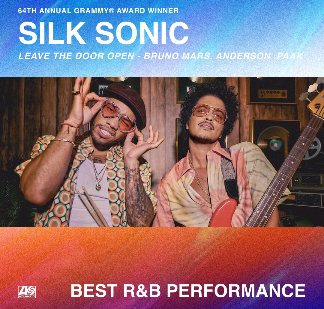 AtlanticRecords's tweet photo. Congratulations to @BrunoMars @AndersonPaak @silksonic on taking home the award for Best R&amp;B Performance at the 64th Annual #GRAMMYs! @RecordingAcad https://t.co/rLghP5XnAf