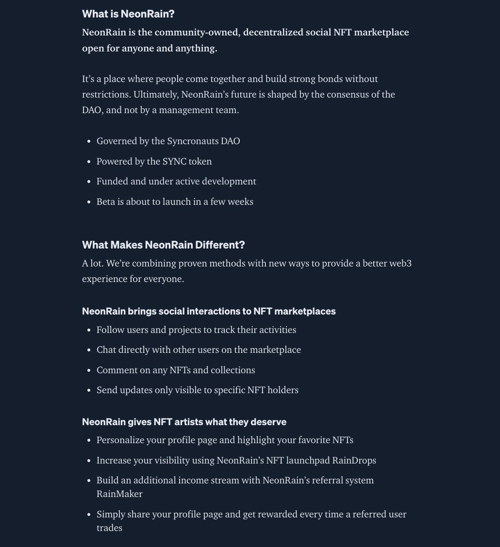 Syncronauts's tweet photo. Have you heard about NeonRain?
It's the NFT Marketplace we all need.
Decentralized Social NFT Marketplace
§YNCD
$SYNC #SyncronautsDAO #NeonRain #NFTMarketplace #NFTs #NFTCommunity #NFTartists #NR https://t.co/M0P6muAdqp