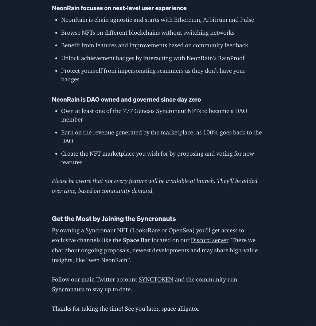 Syncronauts's tweet photo. Have you heard about NeonRain?
It's the NFT Marketplace we all need.
Decentralized Social NFT Marketplace
§YNCD
$SYNC #SyncronautsDAO #NeonRain #NFTMarketplace #NFTs #NFTCommunity #NFTartists #NR https://t.co/M0P6muAdqp