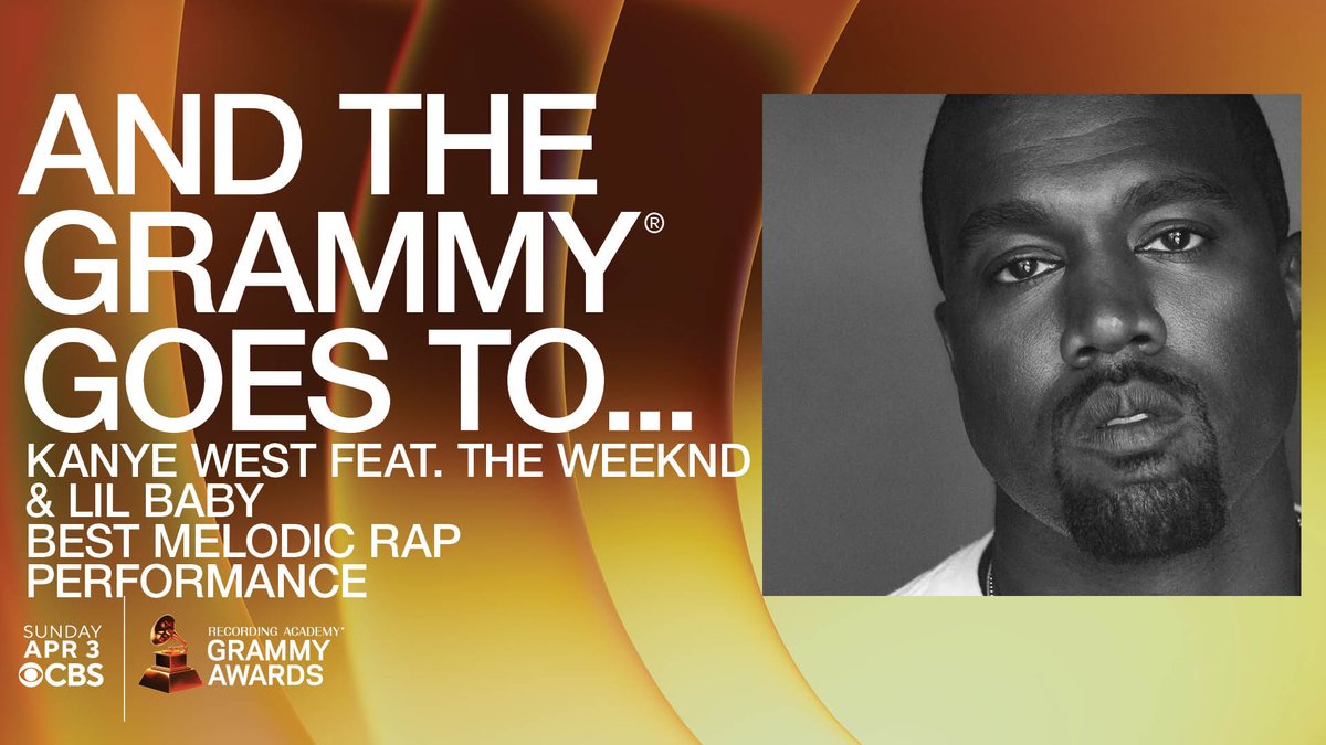 RecordingAcad's tweet photo. Congrats Best Melodic Rap Performance winner - "Hurricane" @kanyewest ft. @theweeknd &amp; @lilbaby4PF 

WATCH NOW 🎶: https://t.co/iZP2mSPJkJ #GRAMMYPremiere #GRAMMYs https://t.co/NnwP3y6SpQ