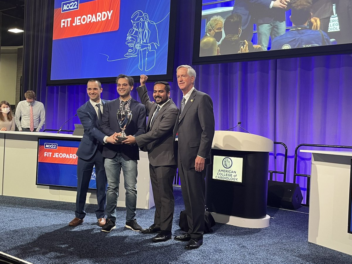 Great job to our fellows who represented our chapter from <a href="/WvuCvFellows/">WVU CV fellows</a>. Ended the #ACC22 FIT Jeopardy Finals with a win! Congratulations! @SeanRegnerMD <a href="/MoinuddinsyedMD/">Moinuddin Syed</a> <a href="/pratikagrawal89/">Pratik Agrawal</a> <a href="/sudarshanballa/">Sudarshan Balla</a>