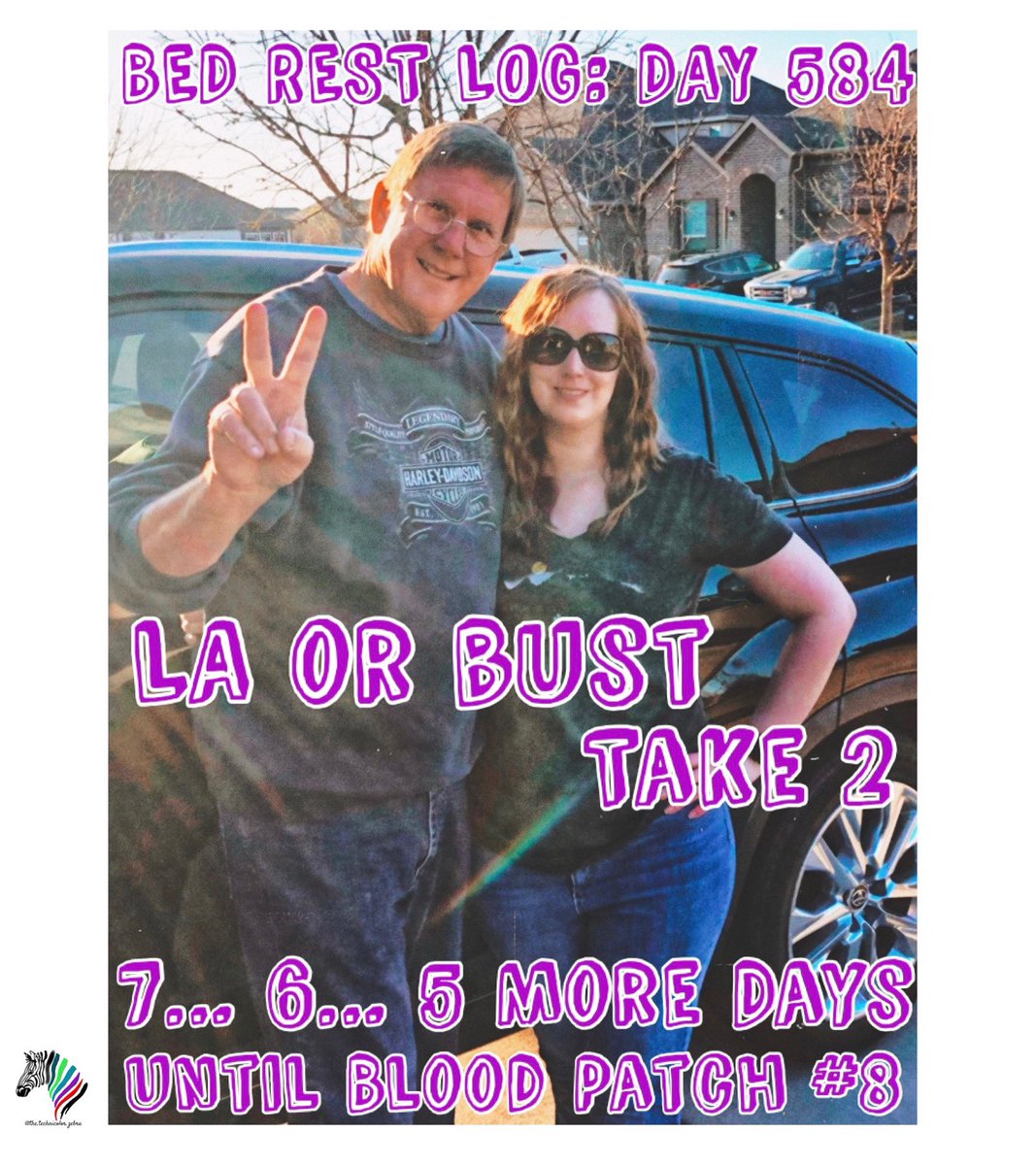 techncolorzebra's tweet photo. #BedRest Log: Day 584
We left this morning for LA. In just 5 short days, I’ll get my 8th #BloodPatch, my 2nd at Cedars-Sinai.
💜 Your thoughts & prayers are appreciated. 💜
#SIH #CSFLeaker #BrainSag #HeadPain #Dizziness #Vertigo #VisionChanges #Fainting #Seizures (1/2) https://t.co/5PUjEmC8vE