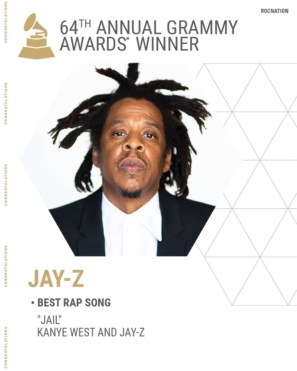 RocNation's tweet photo. 64th GRAMMY Awards
Best Rap Song
Winner
“Jail” @KanyeWest and JAY-Z (@sc) https://t.co/rSisYph3xw